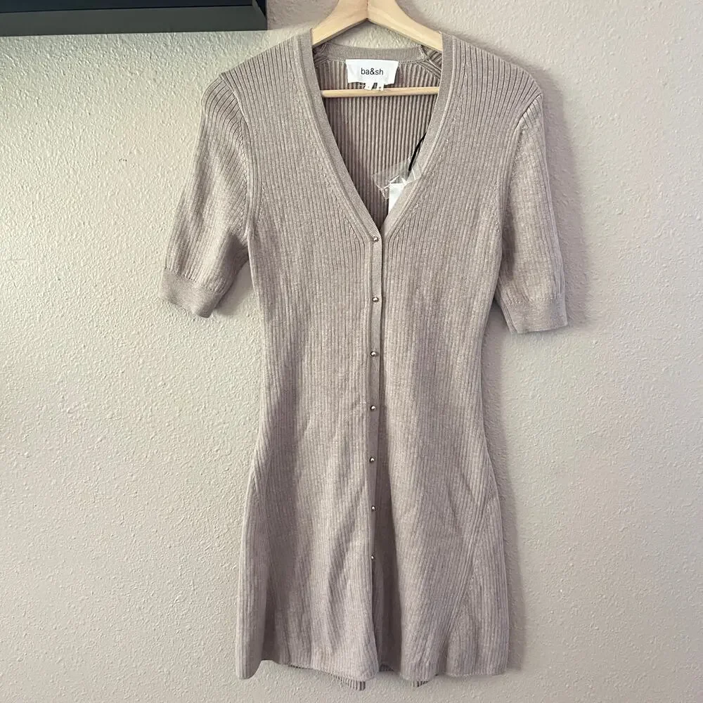 ba&sh Kao Rib A-line sweater mini dress in Beige